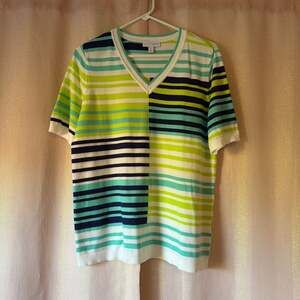 Sport Savvy Short Sleeve Spliced Stripe V-Neck Sweater - ,